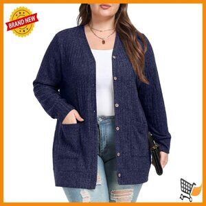 Plus Size Cardigan Open Front Button Down Sweater with Pockets
